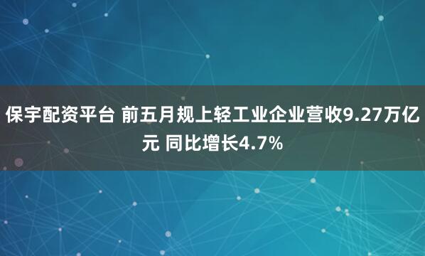 保宇配资平台 前五月规上轻工业企业营收9.27万亿元 同比增长4.7%